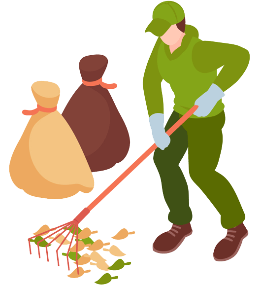 A cartoon image of a landscape design laborer raking leaves