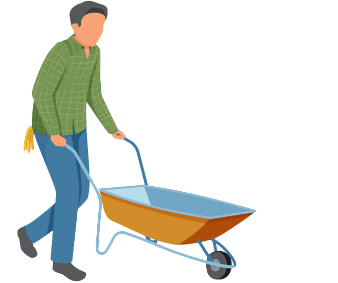 A cartoon image of a landscape design laborer pushing a wheelbarrow