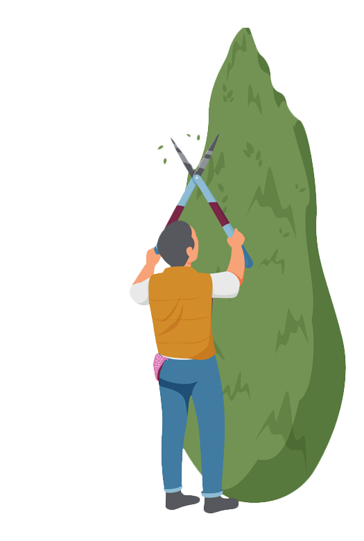 A cartoon image of a landscape design laborer trimming a large green shrub
